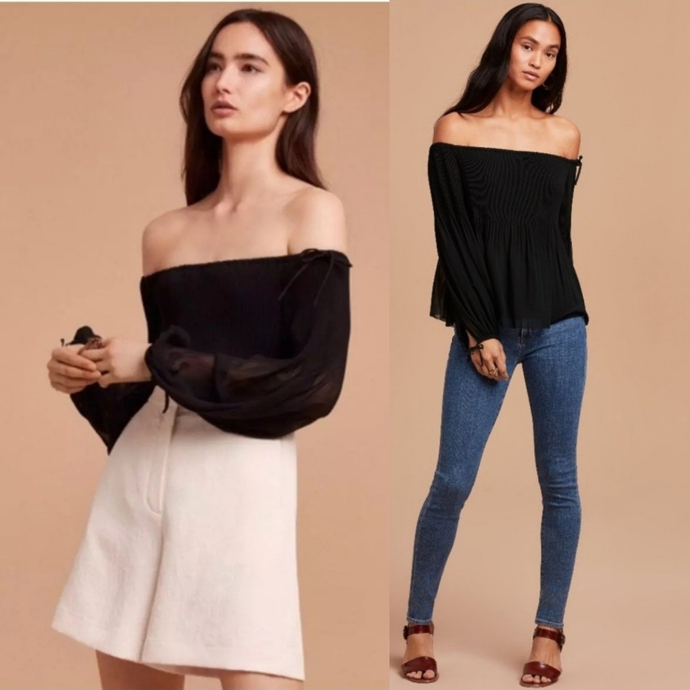 Aritzia Wilfred Talence Off The Shoulder Blouse Pleated Chiffon Black Size S - Picture 1 of 9